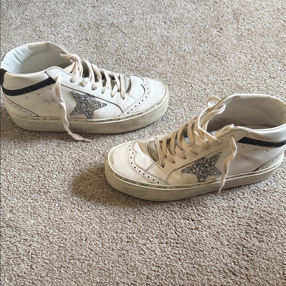 Golden Goose Hi Mid Star Sneaker in white, silver and brown